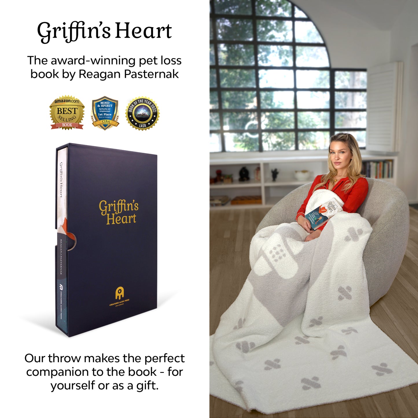 Split image featuring the award-winning Griffin's Heart pet loss book (left) and author Reagan Pasternak with the Luxe Throw Blanket and book (right), SKU: GH003.