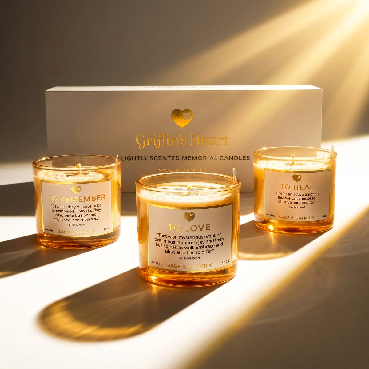griffin's heart candle set - 3 candles with box and sunlight streaming 