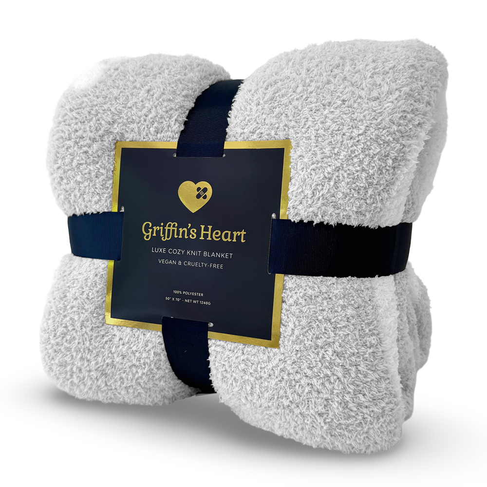 Griffin's Heart Luxe Throw Blanket - 50x70 Luxury Pet Sympathy Blanket, SKU: GH301, Cozy-Knit Dove Gray and White Pet Memorial Blanket for Grieving Owners.