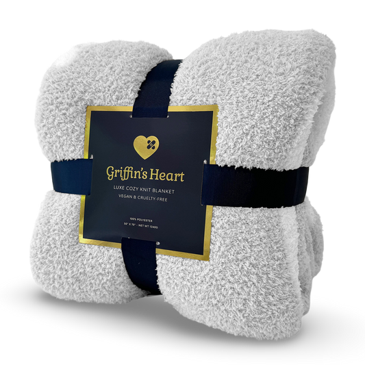 Griffin's Heart Luxe Throw Blanket - 50x70 Luxury Pet Sympathy Blanket, SKU: GH301, Cozy-Knit Dove Gray and White Pet Memorial Blanket for Grieving Owners.