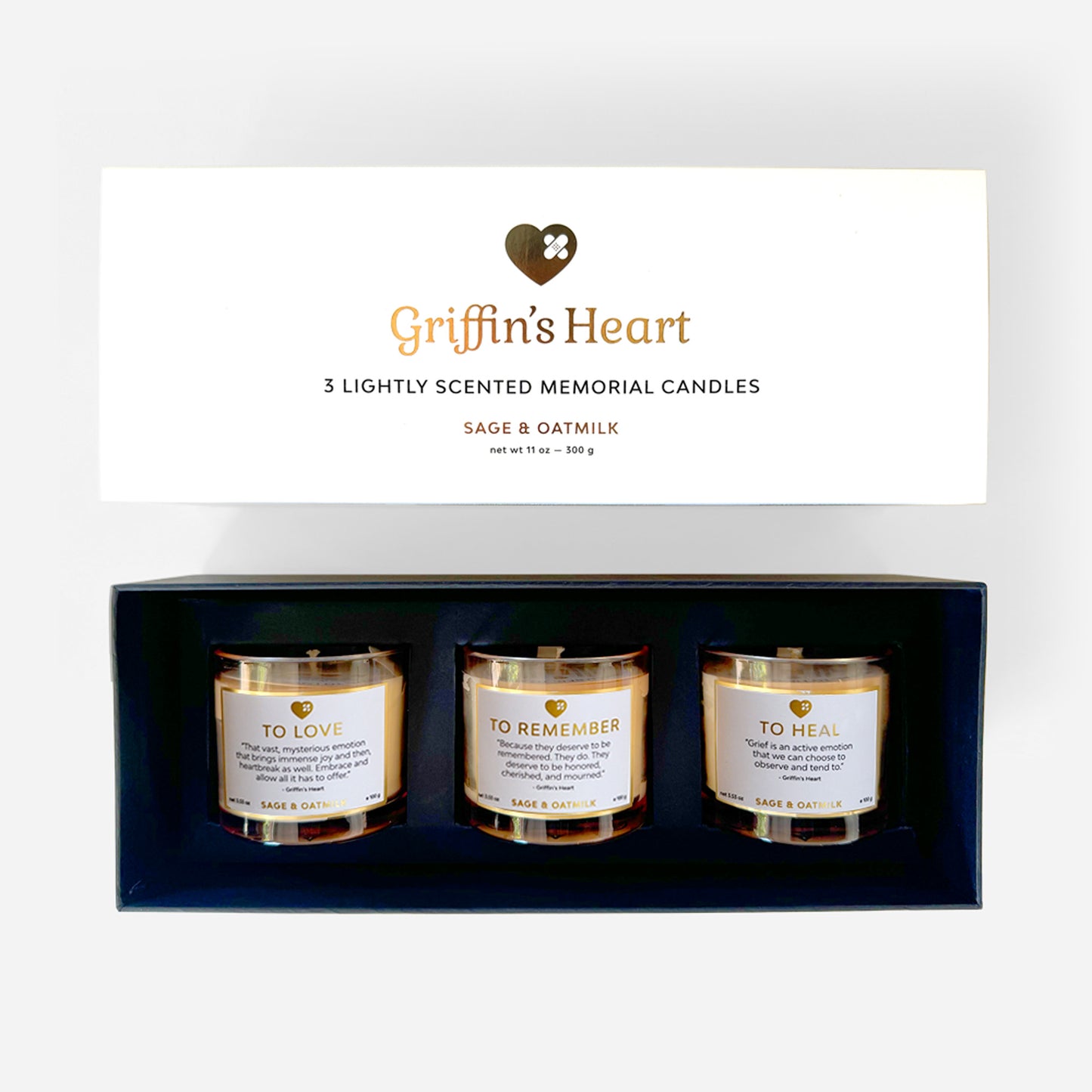Griffin's Heart Trio Candle Set - Luxury Pet Memorial Candles, Set of 3 Scented Soy Wax Candles, GTIN: 00198168439111, SKU: GH201, Pet Loss Sympathy Gift with Healing Intentions.