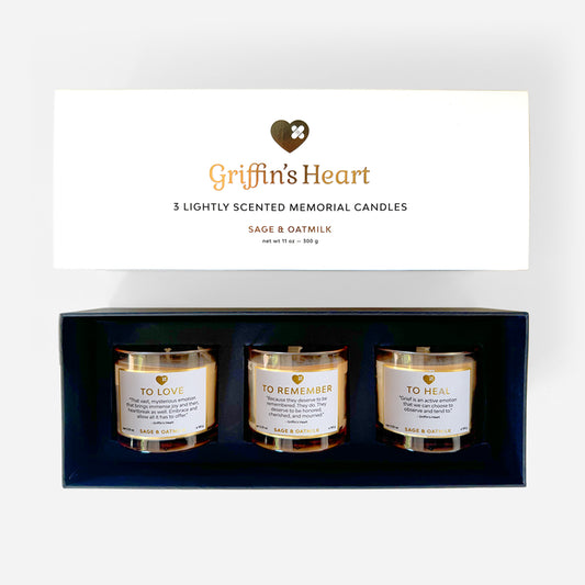 Griffin's Heart Trio Candle Set - Luxury Pet Memorial Candles, Set of 3 Scented Soy Wax Candles, GTIN: 00198168439111, SKU: GH201, Pet Loss Sympathy Gift with Healing Intentions.