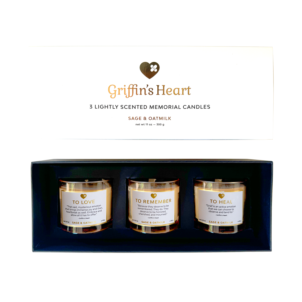 Griffin's Heart Trio Candle Set - Luxury Pet Memorial Candles, Set of 3 Scented Soy Wax Candles, SKU: GH201, Pet Loss Sympathy Gift with Healing Intentions.