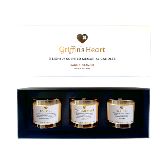 Griffin's Heart Trio Candle Set - Luxury Pet Memorial Candles, Set of 3 Scented Soy Wax Candles, SKU: GH201, Pet Loss Sympathy Gift with Healing Intentions.